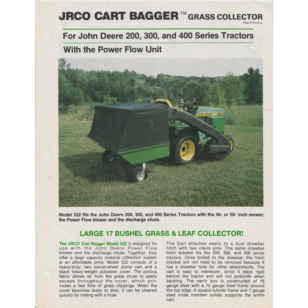 Vintage 1986 JRCO Cart Bagger Model 522 Brochure John Deere 200 300 400 Series